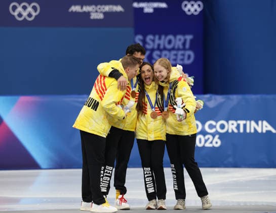 February 10, 2026, Milan, Lombardy, Italy: WARD PETR, STIJN DESMET, HANNE DESMET and TINEKE DEN DULK of Team Belgium celebrate winning the bronze medal in the Mixed Team Relay final of the Short Track Speed skating, Eisschnelllauf at the Milano Cortina 2026 Winter Olympic Games, Olympische Spiele, Olympia, OS Olympics 2026: Milano Cortina: Short Track Speed Skating  - ZUMAc179 20260210_oly_c179_045 Copyright: xMickaelxChavetx