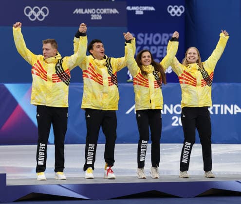 February 10, 2026, Milan, Lombardy, Italy: WARD PETR, STIJN DESMET, HANNE DESMET and TINEKE DEN DULK of Team Belgium celebrate winning the bronze medal in the Mixed Team Relay final of the Short Track Speed skating, Eisschnelllauf at the Milano Cortina 2026 Winter Olympic Games, Olympische Spiele, Olympia, OS Olympics 2026: Milano Cortina: Short Track Speed Skating  - ZUMAc179 20260210_oly_c179_047 Copyright: xMickaelxChavetx