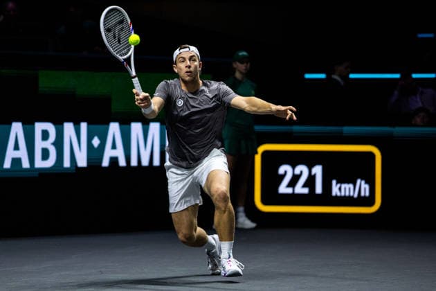 ROTTERDAM, NETHERLANDS - FEBRUARY 10:Tallon Griekspoor of the Netherlands plays a forehand in his Men s Singles First Round match against Giovanni Mpetshi Perricard of France during Day Two of the ABN AMRO Open at the Rotterdam Ahoy on February 10, 2026 in Rotterdam, Netherlands. (Photo by Rene Nijhuis) SPO  Copyright: xRenexNijhuis