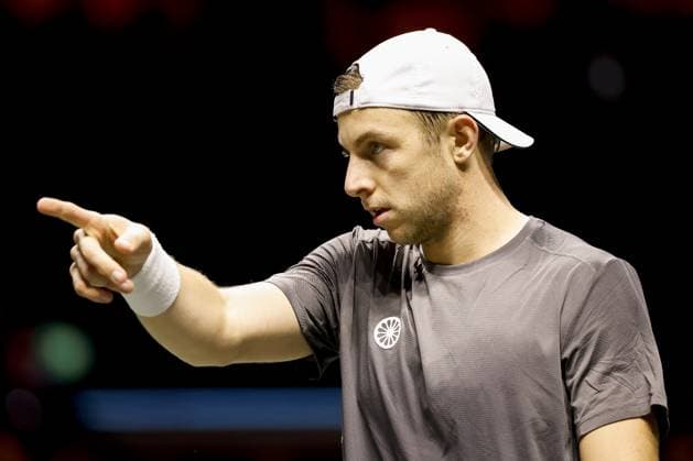 ROTTERDAM - Tallon Griekspoor in action against Giovanni Mpetshi Perricard on the second day of the ABN AMRO tennis tournament at Ahoy Rotterdam. BAS CZERWINSKI ANP xVIxANPxSportx xxANPxIVx 550244044 originalFilename: 550244044.jpg