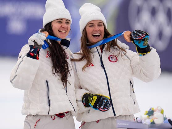 February 11, 2026, Cortina D ampezzo, Belluno, Italy: American PAULA MOLTZAN and teammate JACQUELINE WILES celebrate their bronze medal after their combined times won bronze during the Alpine Skiing womenÃ¢â‚¬â ¢s team Combined Milano Cortina 2026 Winter Olympics. Cortina D ampezzo Italy - ZUMAa35_ 20260211_oly_a35_002 Copyright: xDanielxA.xAndersonx