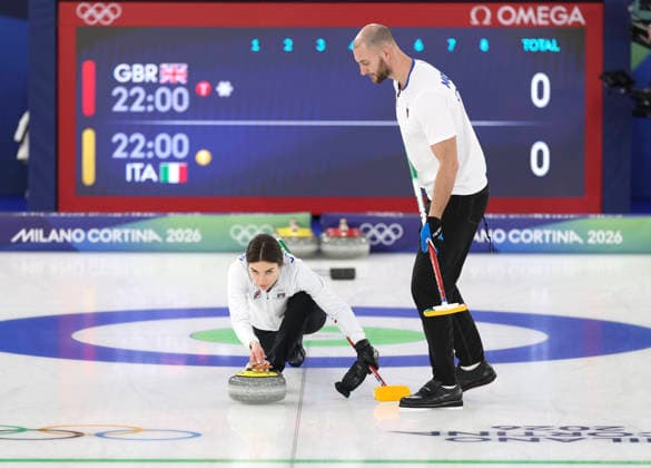 (260210) -- CORTINA D AMPEZZO, Feb. 10, 2026 -- Stefania Constantini (L) Amos Mosaner of Italy compete during the curling mixed doubles bronze medal match between Britain and Italy at the Milan-Cortina 2026 Olympic Winter games, Winterspiele,Spiele, Summer games in Cortina, Italy, Feb. 10, 2026. ) (MICO2026)ITALY-CORTINA D AMPEZZO-OLYMPIC WINTER GAMES-CURLING-MIXED DOUBLES-BRONZE MEDAL MATCH-GBR VS ITA DingxXu 