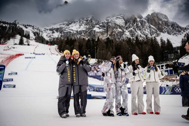Gold medallists Ariane Raedler of Austria and Katharina Huber of Austria celebrate after winning the Women s Team Combined with silver medallists Kira Weidle-Winkelmann of Germany and Emma Aicher of Germany and bronze medallists Jacqueline Wiles of United States and Paula Moltzan of United States , Women’s Alpine Team Combination, Slalom, Milano Cortina 2026 Olympic Games, Olympische Spiele, Olympia, OS 10-02-2026 *** Gold medallists Ariane Raedler of Austria and Katharina Huber of Austria celebrate after winning the Women s Team Combined with silver medallists Kira Weidle Winkelmann of Germany and Emma Aicher of Germany and bronze medallists Jacqueline Wiles of United States and Paula Moltzan of United States , Womens Alpine Team Combination, Slalom, Milano Cortina 2026 Olympic Games 10 02 2026 Copyright: HMBxMedia MarcxNiemeyer