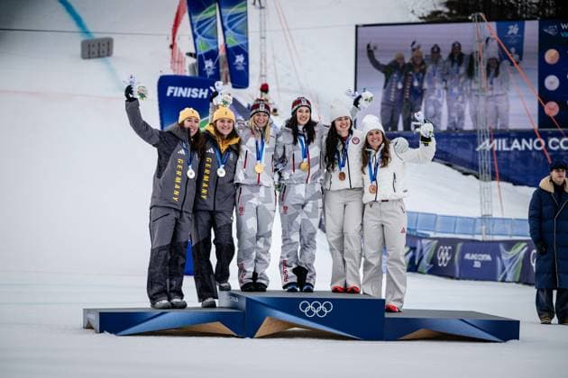 Gold medallists Ariane Raedler of Austria and Katharina Huber of Austria celebrate on the podium after winning the Women s Team Combined with silver medallists Kira Weidle-Winkelmann of Germany and Emma Aicher of Germany and bronze medallists Jacqueline Wiles of United States and Paula Moltzan of United States , Women’s Alpine Team Combination, Slalom, Milano Cortina 2026 Olympic Games, Olympische Spiele, Olympia, OS 10-02-2026 *** Gold medallists Ariane Raedler of Austria and Katharina Huber of Austria celebrate on the podium after winning the Women s Team Combined with silver medallists Kira Weidle Winkelmann of Germany and Emma Aicher of Germany and bronze medallists Jacqueline Wiles of United States and Paula Moltzan of United States , Womens Alpine Team Combination, Slalom, Milano Cortina 2026 Olympic Games 10 02 2026 Copyright: HMBxMedia MarcxNiemeyer