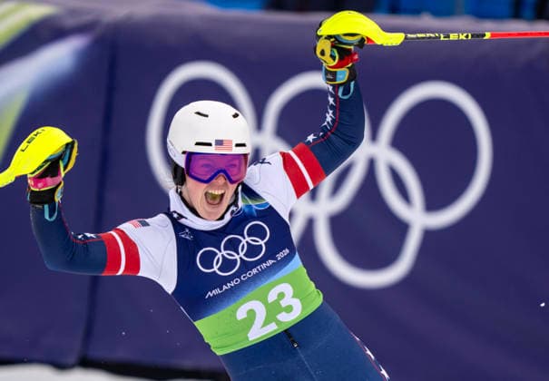 February 10, 2026, Cortina d Ampezzo, Italy: PAULA MOLTZAN USA) celebrates her time which earned a bronze medal for her team during the alpine skiing women s team combined at the Milano Cortina 2026 Winter Olympics. Olympics 2026: Milano Cortina: Alpine Skiing: Women s Team Combined  - ZUMAa35_ 20260210_oly_a35_010 Copyright: xDanielxA.xAndersonx