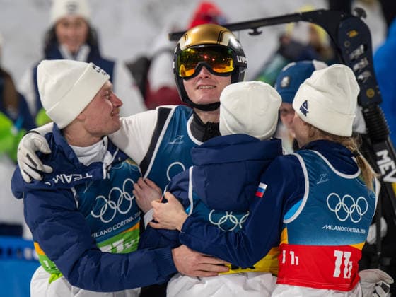 OLYMPICS - Winter Olympic Games, Olympische Spiele, Olympia, OS Milano Cortina 2026 VAL DI FIEMME,ITALY,10.FEB.26 - OLYMPICS, Ski jumping, Skispringen, Ski, nordisch - Winter Olympic Games Milano Cortina 2026, normal hill, mixed team. Image shows the rejoicing of Anze Lanisek, Domen Prevc, Nika Prevc and Nika Vodan (SLO).  GEPAxpictures xOliverxLerch