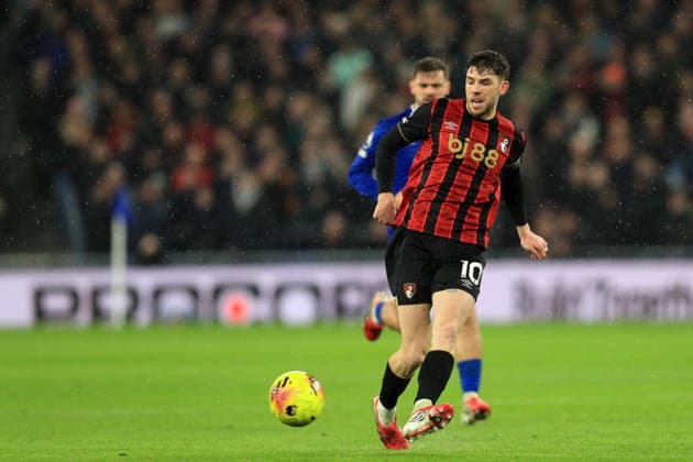 10th February 2026; Hill Dickinson Stadium, Liverpool, England; Premier League Football, Everton versus AFC Bournemouth; Ryan Christie of Bournemouth passes the ball  DavidxBlunsden Content restricted for UK based newspaper