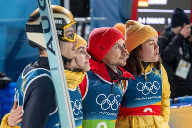 OLYMPICS - Winter Olympic Games, Olympische Spiele, Olympia, OS Milano Cortina 2026 VAL DI FIEMME,ITALY,10.FEB.26 - OLYMPICS, Ski jumping, Skispringen, Ski, nordisch - Winter Olympic Games Milano Cortina 2026, normal hill, mixed team. Image shows the disappointment of Philipp Raimund, Selina Freitag, Felix Hoffmann and Agnes Reisch (GER).  GEPAxpictures xOliverxLerch