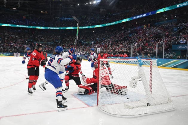 HARVEY C (USA) score at minute 03:45 during Ice hockey, Eishockey - CANADA vs USA, Olympic Winter games, Winterspiele,Spiele, Summer games Milano-Cortina 2026 in Milano, Italy, February 10 2026  Copyright: xFilippoxTomasi IPAxSportx xipa-agency.netx xx IPA_71238148 IPA_Agency_IPA71238148
