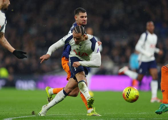 10th February 2026; Tottenham Hotspur Stadium, London, England; Premier League Football, Tottenham Hotspur versus Newcastle United; Xavi Simons of Tottenham Hotspur takes a shot on goal  JohnxPatrickxFletcher Content restricted for UK based newspaper