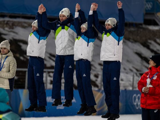 OLYMPICS - Winter Olympic Games, Olympische Spiele, Olympia, OS Milano Cortina 2026 VAL DI FIEMME,ITALY,10.FEB.26 - OLYMPICS, Ski jumping, Skispringen, Ski, nordisch - Winter Olympic Games Milano Cortina 2026, normal hill, mixed team. Image shows team Slovenia with Nika Vodan, Anze Lanisek, Nika Prevc and Domen Prevc (SLO).  GEPAxpictures xOliverxLerch