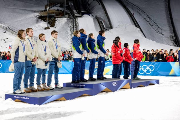 OLYMPICS - Winter Olympic Games, Olympische Spiele, Olympia, OS Milano Cortina 2026 PREDAZZO,ITALY,10.FEB.26 - OLYMPICS, Ski jumping, Skispringen, Ski, nordisch - Winter Olympic Games Milano Cortina 2026, normal hill, mixed team, medal ceremony. Image shows Anna Odine Stroem, Kristoffer Eriksen Sundal, Eirin Maria Kvandal and Marius Lindvik (NOR), Anze Lanisek, Domen Prevc, Nika Prevc and Nika Vodan (SLO), Nozomi Maruyama, Ryoyu Kobayashi, Sara Takanashi and Ren Nikaido (JPN). .  GEPAxpictures xMatthiasxTrinkl