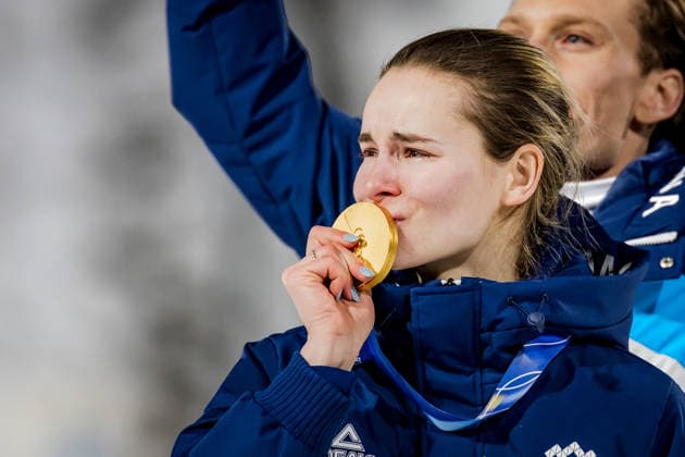 OLYMPICS - Winter Olympic Games, Olympische Spiele, Olympia, OS Milano Cortina 2026 PREDAZZO,ITALY,10.FEB.26 - OLYMPICS, Ski jumping, Skispringen, Ski, nordisch - Winter Olympic Games Milano Cortina 2026, normal hill, mixed team, medal ceremony. Image shows Nika Vodan (SLO).  GEPAxpictures xMatthiasxTrinkl