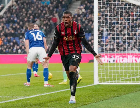 Liverpool, England, 10th February 2026. Rayan of Bournemouth celebrates scoring the equalising goal (1-1) during the Everton vs AFC Bournemouth Premier League match at Hill Dickinson Stadium, Liverpool. Picture credit should read: Andrew Yates Sportimage EDITORIAL USE ONLY. No use with unauthorised audio, video, data, fixture lists, club league logos or live services. Online in-match use limited to 120 images, no video emulation. No use in betting, games or single club league player publications. SPI_043_AY_Everton_Leeds SPI-4516-0037