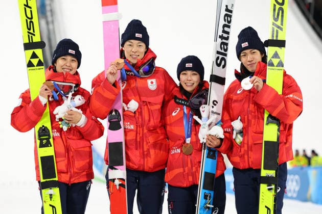 Japan team group, Mannschaftsbild, Totale (JPN), FEBRUARY 10, 2026 - Ski jumping, Skispringen, Ski, nordisch : Mixed Team Medal ceremony during the Milano Cortina 2026 Olympic Winter games, Winterspiele,Spiele, Summer games at Predazzo Ski Jumping Stadium in Predazzo, Italy. Noxthirdxpartyxsales  aflo_319260387