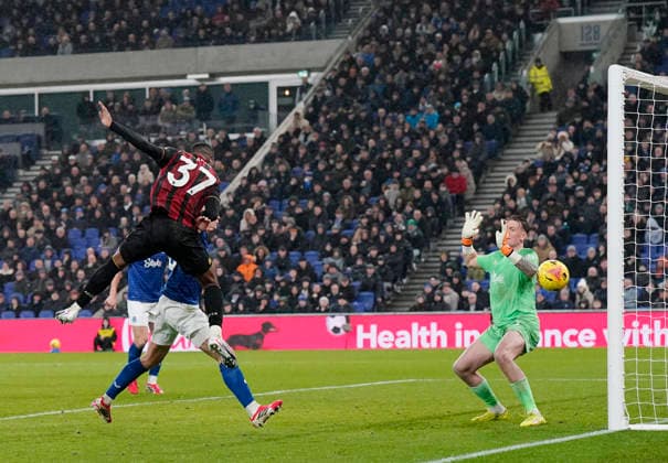 Liverpool, England, 10th February 2026. Rayan of Bournemouth scores the equalising goal past Jordan Pickford of Everton (1-1) during the Everton vs AFC Bournemouth Premier League match at Hill Dickinson Stadium, Liverpool. Picture credit should read: Andrew Yates Sportimage EDITORIAL USE ONLY. No use with unauthorised audio, video, data, fixture lists, club league logos or live services. Online in-match use limited to 120 images, no video emulation. No use in betting, games or single club league player publications. SPI_041_AY_Everton_Leeds SPI-4516-0040
