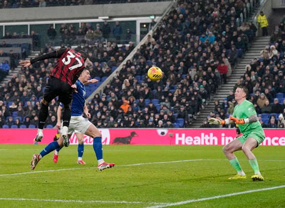 Liverpool, England, 10th February 2026. Rayan of Bournemouth scores the equalising goal past Jordan Pickford of Everton (1-1) during the Everton vs AFC Bournemouth Premier League match at Hill Dickinson Stadium, Liverpool. Picture credit should read: Andrew Yates Sportimage EDITORIAL USE ONLY. No use with unauthorised audio, video, data, fixture lists, club league logos or live services. Online in-match use limited to 120 images, no video emulation. No use in betting, games or single club league player publications. SPI_042_AY_Everton_Leeds SPI-4516-0041