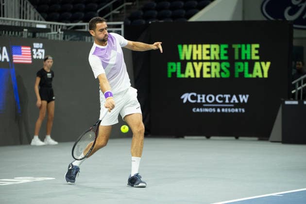 February 10, 2026, Frisco, Texas, USA: MARIN CILIC (CRO) hits the ball during a menÃ¢â‚¬â ¢s singles match at 2026 Nexo Dallas Open at The Ford Center at The Star in Frisco, Texas. Marin Cilic recorded his 600th career win after defeating Leaner Tien, 7:5, 7:6. Frisco USA - ZUMAh193 20260210_zsp_h193_032 Copyright: xDanielxMcGregor-Huyerx