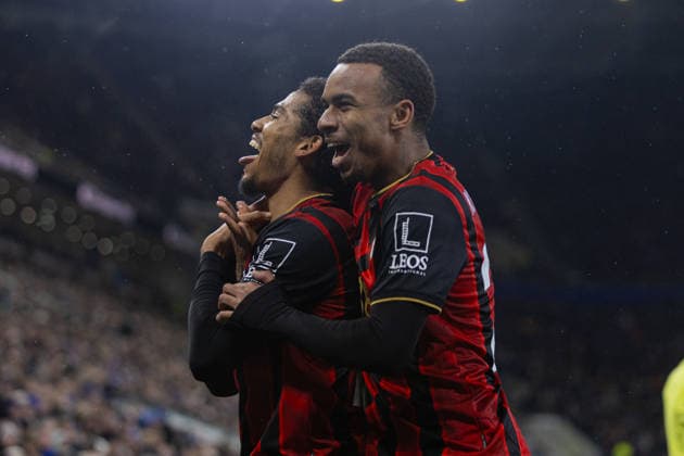 Football - FA Premier League - Everton FC v Bournemouth AFC LIVERPOOL, ENGLAND - Tuesday, February 10, 2026: Bournemouth s Amine Adli (L) celebrates with team-mate Eli Junior Kroupi after scoring his side s second goal during the FA Premier League match between Everton FC and Bournemouth AFC at Bramley-Moore Dock. (Photo by David Rawcliffe Propaganda) LIVERPOOL Bramley-Moore Dock MERSEYSIDE ENGLAND  Copyright: xDavidxRawcliffex P2026-02-10-Everton_Bournemouth-51