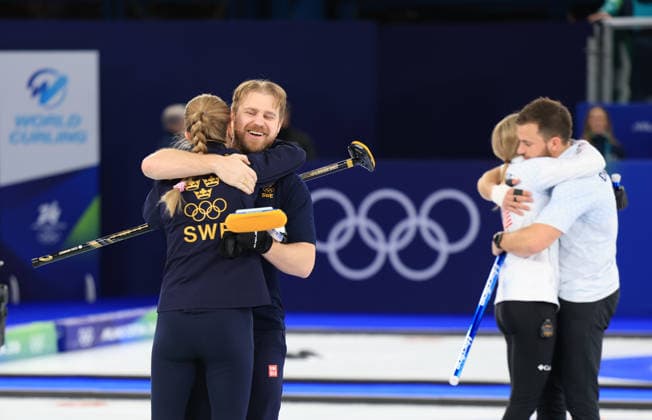 (260210) -- CORTINA D AMPEZZO, Feb. 10, 2026 -- Rasmus Wranaa (2nd L) and Isabella Wranaa of Sweden celebrate after the curling mixed doubles gold medal match between Sweden and the United States at the Milan-Cortina 2026 Olympic Winter games, Winterspiele,Spiele, Summer games in Cortina, Italy, Feb. 10, 2026. ) (MICO2026)ITALY-CORTINA D AMPEZZO-OLYMPIC WINTER GAMES-CURLING-MIXED DOUBLES-GOLD MEDAL MATCH-SWE VS USA DingxXu 