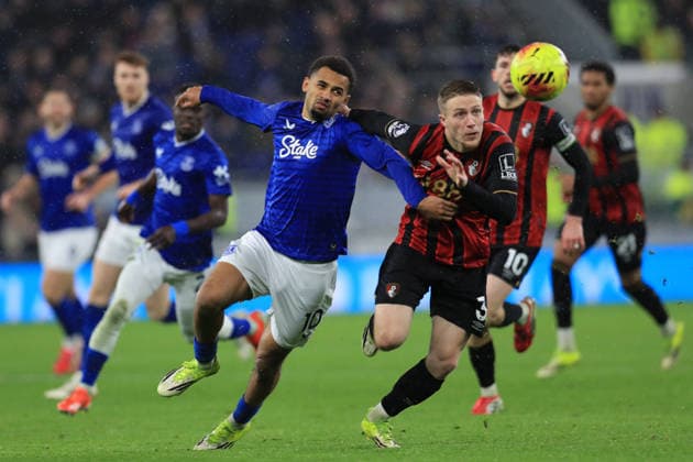10th February 2026; Hill Dickinson Stadium, Liverpool, England; Premier League Football, Everton versus AFC Bournemouth; Iliman Ndiaye of Everton competes for the ball with Adrien Truffert of Bournemouth  DavidxBlunsden Content restricted for UK based newspaper