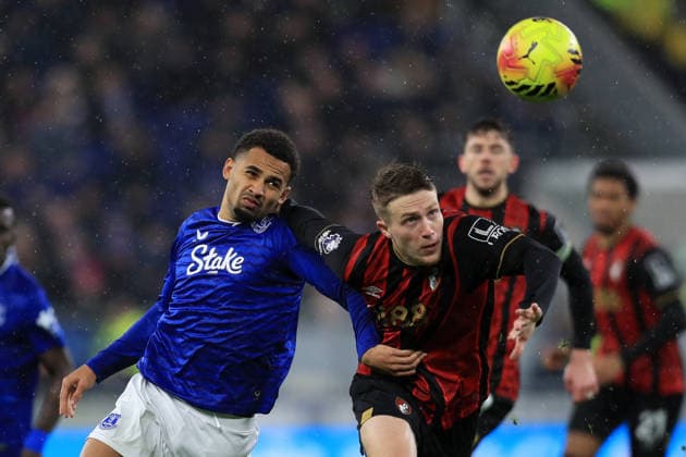 10th February 2026; Hill Dickinson Stadium, Liverpool, England; Premier League Football, Everton versus AFC Bournemouth; Iliman Ndiaye of Everton competes for the ball with Adrien Truffert of Bournemouth  DavidxBlunsden Content restricted for UK based newspaper