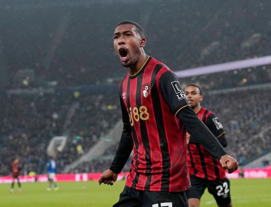 Liverpool, England, 10th February 2026. Rayan of Bournemouth celebrates scoring the equalising goal (1-1) during the Everton vs AFC Bournemouth Premier League match at Hill Dickinson Stadium, Liverpool. Picture credit should read: Andrew Yates Sportimage EDITORIAL USE ONLY. No use with unauthorised audio, video, data, fixture lists, club league logos or live services. Online in-match use limited to 120 images, no video emulation. No use in betting, games or single club league player publications. SPI_047_AY_Everton_Leeds SPI-4516-0044