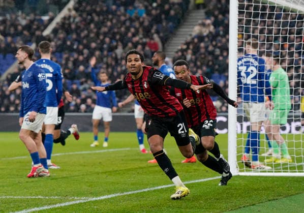 Liverpool, England, 10th February 2026. Amine Adli of Bournemouth celebrates scoring their second goal during the Everton vs AFC Bournemouth Premier League match at Hill Dickinson Stadium, Liverpool. Picture credit should read: Andrew Yates Sportimage EDITORIAL USE ONLY. No use with unauthorised audio, video, data, fixture lists, club league logos or live services. Online in-match use limited to 120 images, no video emulation. No use in betting, games or single club league player publications. SPI_051_AY_Everton_Leeds SPI-4516-0048