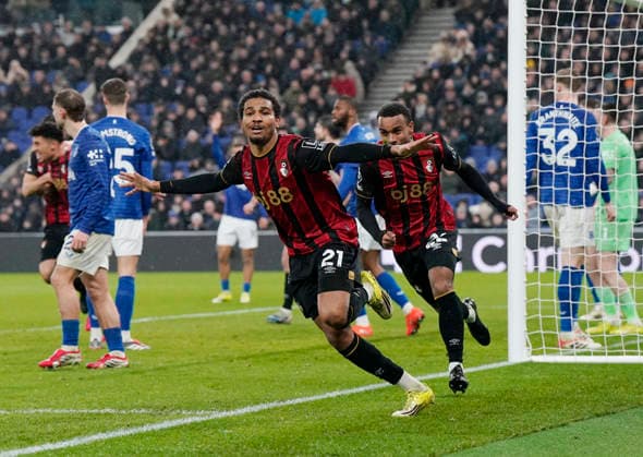 Liverpool, England, 10th February 2026. Amine Adli of Bournemouth celebrates scoring their second goal during the Everton vs AFC Bournemouth Premier League match at Hill Dickinson Stadium, Liverpool. Picture credit should read: Andrew Yates Sportimage EDITORIAL USE ONLY. No use with unauthorised audio, video, data, fixture lists, club league logos or live services. Online in-match use limited to 120 images, no video emulation. No use in betting, games or single club league player publications. SPI_052_AY_Everton_Leeds SPI-4516-0049
