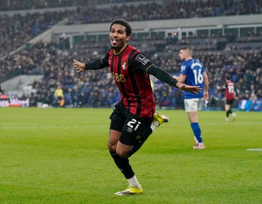 Liverpool, England, 10th February 2026. Amine Adli of Bournemouth celebrates scoring their second goal during the Everton vs AFC Bournemouth Premier League match at Hill Dickinson Stadium, Liverpool. Picture credit should read: Andrew Yates Sportimage EDITORIAL USE ONLY. No use with unauthorised audio, video, data, fixture lists, club league logos or live services. Online in-match use limited to 120 images, no video emulation. No use in betting, games or single club league player publications. SPI_053_AY_Everton_Leeds SPI-4516-0050