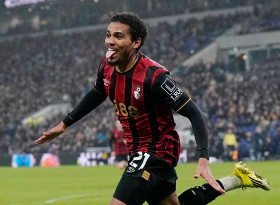 Liverpool, England, 10th February 2026. Amine Adli of Bournemouth celebrates scoring their second goal during the Everton vs AFC Bournemouth Premier League match at Hill Dickinson Stadium, Liverpool. Picture credit should read: Andrew Yates Sportimage EDITORIAL USE ONLY. No use with unauthorised audio, video, data, fixture lists, club league logos or live services. Online in-match use limited to 120 images, no video emulation. No use in betting, games or single club league player publications. SPI_055_AY_Everton_Leeds SPI-4516-0051