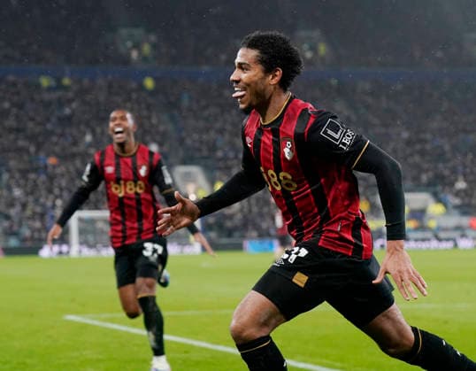 Liverpool, England, 10th February 2026. Amine Adli of Bournemouth celebrates scoring their second goal during the Everton vs AFC Bournemouth Premier League match at Hill Dickinson Stadium, Liverpool. Picture credit should read: Andrew Yates Sportimage EDITORIAL USE ONLY. No use with unauthorised audio, video, data, fixture lists, club league logos or live services. Online in-match use limited to 120 images, no video emulation. No use in betting, games or single club league player publications. SPI_056_AY_Everton_Leeds SPI-4516-0053