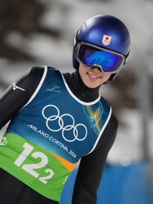 (260210) -- PREDAZZO, Feb. 10, 2026 -- Kobayashi Ryoyu of Japan reacts during the Ski jumping, Skispringen, Ski, nordisch mixed team final round match at the Milan-Cortina 2026 Olympic Winter games, Winterspiele,Spiele, Summer games in Predazzo, Italy, Feb. 10, 2026. ) (MICO2026)ITALY-PREDAZZO-OLYMPIC WINTER GAMES-SKI JUMPING-MIXED TEAM HuangxWei 