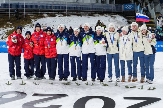 Milano Cortina 2026 Winter Olympics VAL DI FIEMME, ITALY - FEBRUARY 10: Athletes who won medals in the Ski jumping, Skispringen, Ski, nordisch mixed team final of the Milano Cortina 2026 Winter Olympic Games, Olympische Spiele, Olympia, OS celebrate on the podium at Predazzo Ski Jumping Stadium in Val di Fiemme (Predazzo), Italy on February 10, 2026. Cemal Yurttas Anadolu Val di Fiemme Italy. Editorial use only. Please get in touch for any other usage.  Copyright: x2026xAnadoluxCemalxYurttasx
