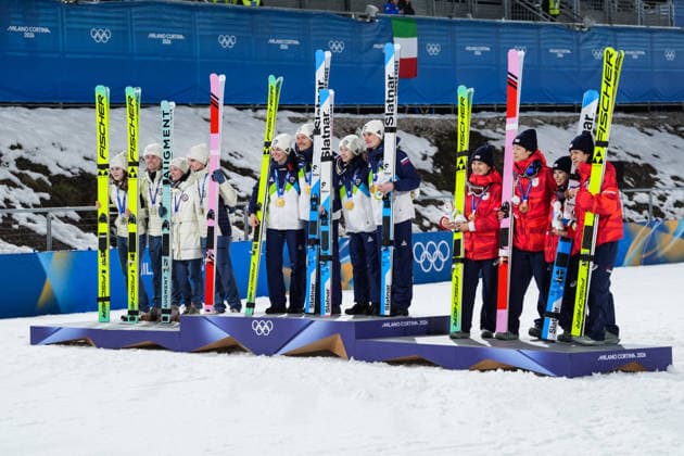 Milano Cortina 2026 Winter Olympics VAL DI FIEMME, ITALY - FEBRUARY 10: Athletes who won medals in the Ski jumping, Skispringen, Ski, nordisch mixed team final of the Milano Cortina 2026 Winter Olympic Games, Olympische Spiele, Olympia, OS celebrate on the podium at Predazzo Ski Jumping Stadium in Val di Fiemme (Predazzo), Italy on February 10, 2026. Cemal Yurttas Anadolu Val di Fiemme Italy. Editorial use only. Please get in touch for any other usage.  Copyright: x2026xAnadoluxCemalxYurttasx