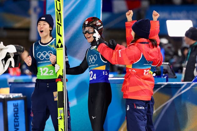 Japan team group, Mannschaftsbild, Totale (JPN), FEBRUARY 10, 2026 - Ski jumping, Skispringen, Ski, nordisch : Mixed Team during the Milano Cortina 2026 Olympic Winter games, Winterspiele,Spiele, Summer games at Predazzo Ski Jumping Stadium in Predazzo, Italy. Noxthirdxpartyxsales  aflo_319262020