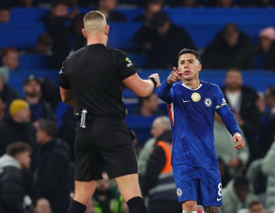 London, England, 10th February 2026. Enzo Fernandez of Chelsea points at referee Robert Jones at the end of the match during the Chelsea vs Leeds United Premier League match at Stamford Bridge, London. Picture credit should read: Paul Terry Sportimage EDITORIAL USE ONLY. No use with unauthorised audio, video, data, fixture lists, club league logos or live services. Online in-match use limited to 120 images, no video emulation. No use in betting, games or single club league player publications. SPI_059_PT_Chelsea_v_Leeds_United SPI-4517-0057