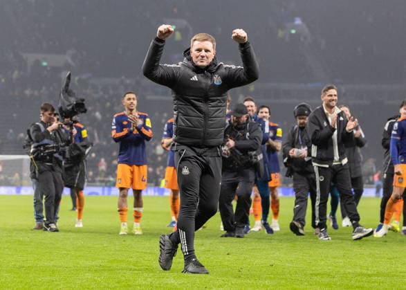 Tottenham Hotspur v Newcastle United, Premier League, Football, Tottenham Hotspur Stadium, London, UK - 10 Feb 2026 A delighted Newcastle United Manager Eddie Howe celebrates at full time London Tottenham Hotspur Stadium Tottenham GBR, UK NEWSPAPERS OUT Copyright: xEllixBirchx