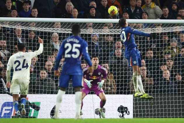 10th February 2026; Stamford Bridge, Chelsea, London, England: Premier League Football, Chelsea versus Leeds United; Joao Pedro of Chelsea heads over the bar  IanxStephen Content restricted for UK based newspaper