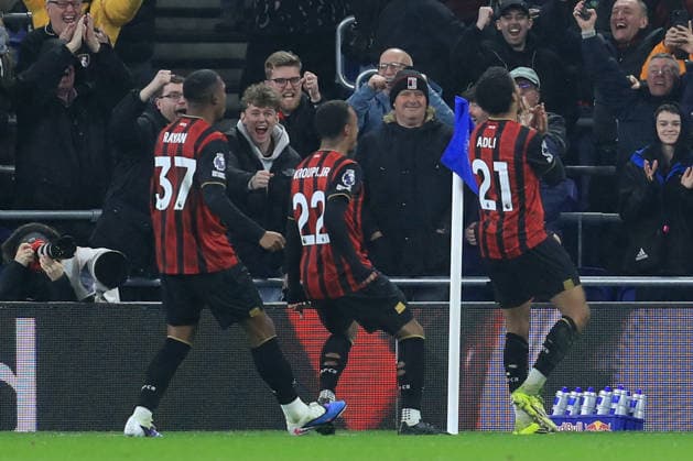 10th February 2026; Hill Dickinson Stadium, Liverpool, England; Premier League Football, Everton versus AFC Bournemouth; Amine Adil of Bournemouth celebrates after scoring for 1-2 after 64 minutes  DavidxBlunsden Content restricted for UK based newspaper