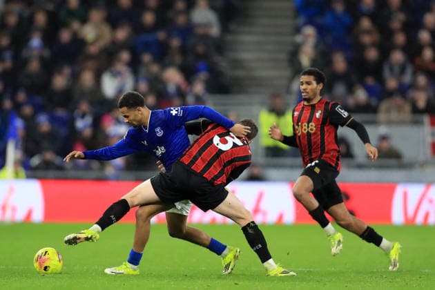 10th February 2026; Hill Dickinson Stadium, Liverpool, England; Premier League Football, Everton versus AFC Bournemouth; Iliman Ndiaye of Everton is tackled by Adrien Truffert of Bournemouth  DavidxBlunsden Content restricted for UK based newspaper
