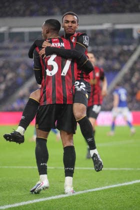 Everton v Bournemouth, Premier League Rayan of AFC Bournemouth celebrates scoring their first goal with Eli Junior Kroupi of AFC Bournemouth during the Premier League match between Everton and Bournemouth at Hill Dickinson Stadium, Liverpool, UK on 10 February 2026. Liverpool Hill Dickinson Stadium Merseyside UK Editorial use only DataCo restrictions apply See www.football-dataco.com , Copyright: xAlunxRobertsx PSI-23724-0055