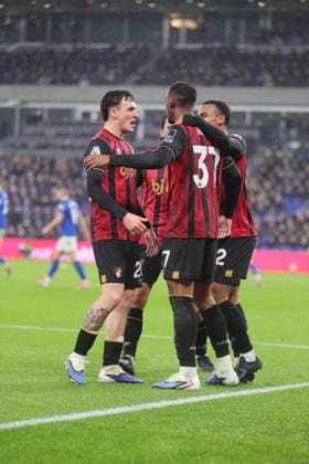 Everton v Bournemouth, Premier League Rayan of AFC Bournemouth celebrates scoring their first goal with team mates during the Premier League match between Everton and Bournemouth at Hill Dickinson Stadium, Liverpool, UK on 10 February 2026. Liverpool Hill Dickinson Stadium Merseyside UK Editorial use only DataCo restrictions apply See www.football-dataco.com , Copyright: xAlunxRobertsx PSI-23724-0057