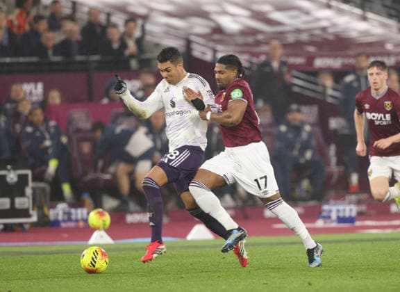 Casemiro (MU) Adama Traore (WHU) at the West Ham United v Manchester United, ManU EPL match, at the London Stadium, London, UK on 10th February 2026. 