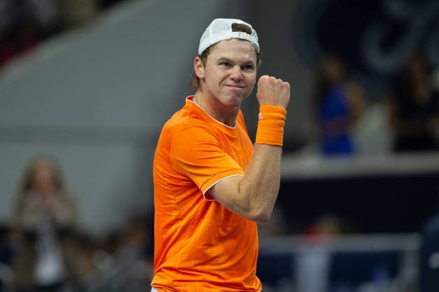 February 10, 2026, Frisco, Texas, USA: ALEX MICHELSEN (USA) reacts after winning a menÃ¢â‚¬â ¢s singles match at 2026 Nexo Dallas Open at The Ford Center at The Star in Frisco, Texas. Michelson defeated Dimitrov, 5:7, 6:4, 6:4. Frisco USA - ZUMAh193 20260210_zsp_h193_081 Copyright: xDanielxMcGregor-Huyerx