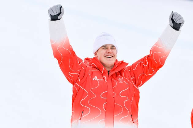 OLYMPICS - Winter Olympic Games, Olympische Spiele, Olympia, OS Milano Cortina 2026 BORMIO,ITALY,11.FEB.26 - OLYMPICS, ALPINE SKIING - Winter Olympic Games Milano Cortina 2026, Super G, men, medal ceremony. Image shows the rejoicing of Franjo von Allmen (SUI).  GEPAxpictures xWolfgangxGrebien