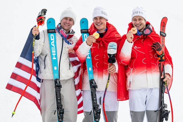 +++CAPTION CORRECTION+++XXV Winter Olympic Games, Olympische Spiele, Olympia, OS in Bormio, Italy, on February 11, 2026. Men s super-G race. From left second Ryan Cochran-Siegle of USA, winner Franjo von Allmen of Switzerland, third Marco Odermatt of Switzerland (CTKxPhoto DavidxTanecek) CTKPhotoP2026021105279  CTKPhotoP2026021105279