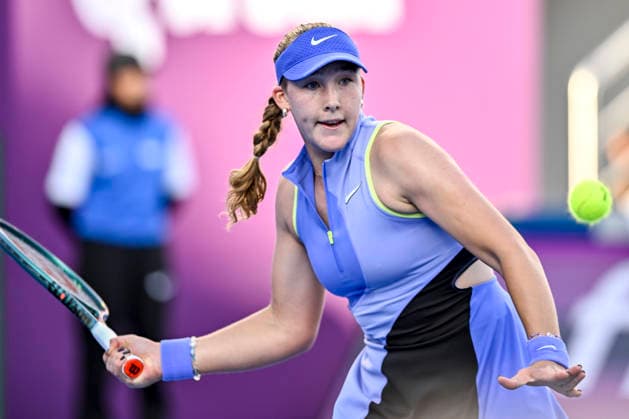 WTA, Tennis Damen QATAR TOTALENERGIES OPEN 2026-ROUND OF 16 Mirra Andreeva of Russia competes in her round of 16 match against Victoria Mboko of Canada during the WTA Qatar TotalEnergies Open 2026 tennis tournament at the Khalifa International Tennis Complex in Doha, Qatar, on February 11, 2026. ¨¨ DOHA Qatar Copyright: xNOUSHADx