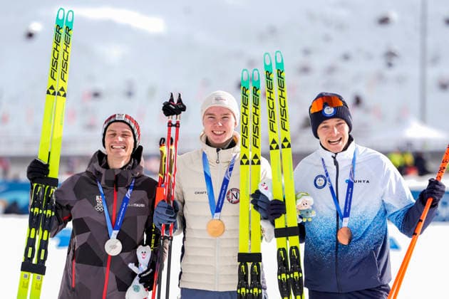 Winter Olympics in Milan Cortina 2026 Val di Fiemme, Italy 20260211. Johannes Lamparter from Austria, Jens Luraas Oftebro from Norway and Eero Hirvonen from Finland on the podium after the combined 10 km individual Gundersen on Lago de Tesero during the Winter Olympics in Milan Cortina 2026. Photo: Terje Pedersen NTB Val di Fiemme Italy EDITORIAL USE ONLY. RESTRICTED USE FOR BETTING COMPANIES Ref:_SPOinPw4iYlrBQ.jpg *** Winter Olympics in Milan Cortina 2026 Val di Fiemme, Italy 20260211 Johannes Lamparter from Austria, Jens Luraas Oftebro from Norway and Eero Hirvonen from Finland on the podium after the combined 10 km individual Gundersen on Lago de Tesero during the Winter Olympics in Milan Cortina 2026 Photo Terje Pedersen NTB Val di Fiemme Italy EDITORIAL USE ONLY RESTRICTED USE FOR BETTING COMPANIES  Copyright: xTerjexPedersenx xNTBx