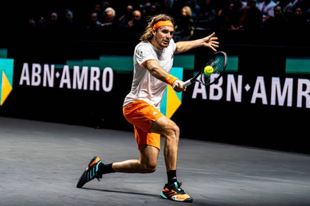2026-02-11 ABN AMRO Open - Day Three ROTTERDAM, NETHERLANDS - FEBRUARY 11: Stefanos Tsitsipas competing during Day Three of the ABN AMRO Open at Rotterdam Ahoy on February 11, 2026 in Rotterdam, Netherlands. (Photo by Gabriel Calvino Alonso BSR Agency) Rotterdam Netherlands Content not available for redistribution in The Netherlands directly or indirectly through any third parties. Copyright: xBSRxAgencyx